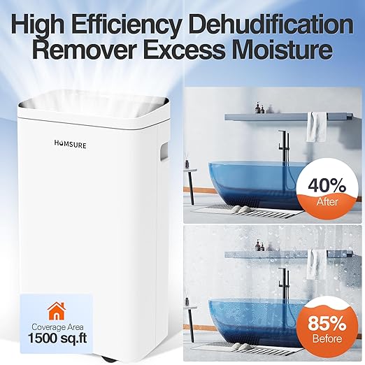 Humsure Dehumidifier 30 Pint 1500 Sq Ft, Dehumidifiers For Home, Dehumidifier With Drainage Hose In Basement Bathroom And Bedroom, Intelligent Humidity Control With 24 Hour Drying Timer