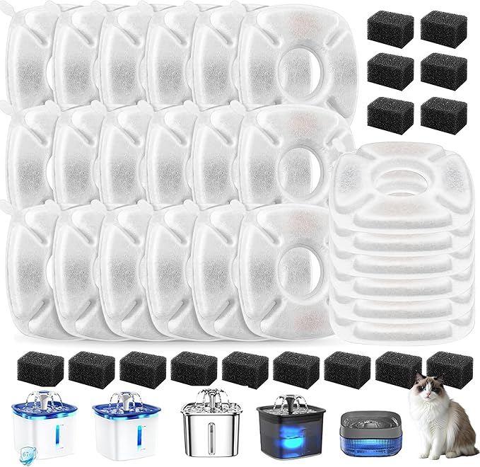 Cat Water Fountain Filters Replacement-24Pack Activated Carbon&Ion Exchange Resin Filters-Compatible with 67oz 95oz 135oz Pet Fountains-Improves Water Quality for Cats Dogs Stainless Steel Dispensers