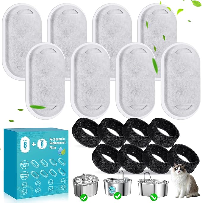 Cat Drinking Fountain Replacement Filter - Fits 67 oz/2 L and 108 oz/3.2 L Stainless Steel Drinkers - Activated Carbon and Ion Exchange Resin Filter - Pet Drinking Fountain Filters (8 Pack)