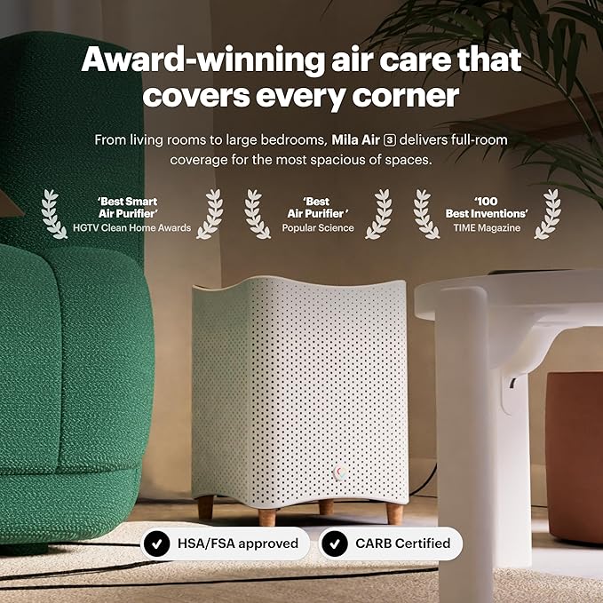 Mila Air 3 Smart Home Air Purifier with Critter Cuddler H13 HEPA & Carbon Replacement Filter, Reduces Pet Odors, Removes Dust & Pet Dander, Ideal for Large Room or Bedroom, Quiet-Mode
