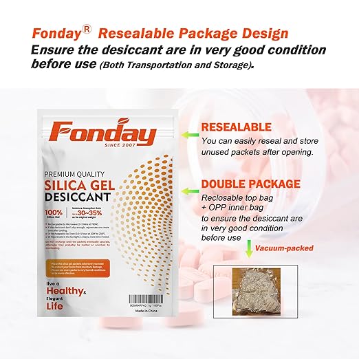 100Packs x 20Gram Fonday Rechargeable Silica Gel Desiccant Packets Food Grade Fast Reactivate Desiccant Bags Moisture Indicating Orange to Green