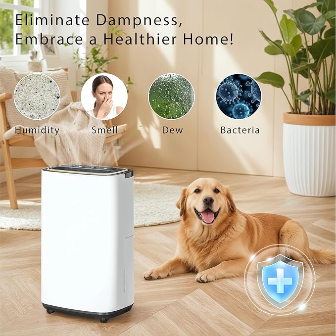 52 Pint Dehumidifier- 5000 Sq. Ft. Large Basement Dehumidifiers with Drain Hose for Large Rooms - Powerful Moisture Removal with Compressor- Dehu/Dry/Air Mode, LED Display,Timer, Child Lock