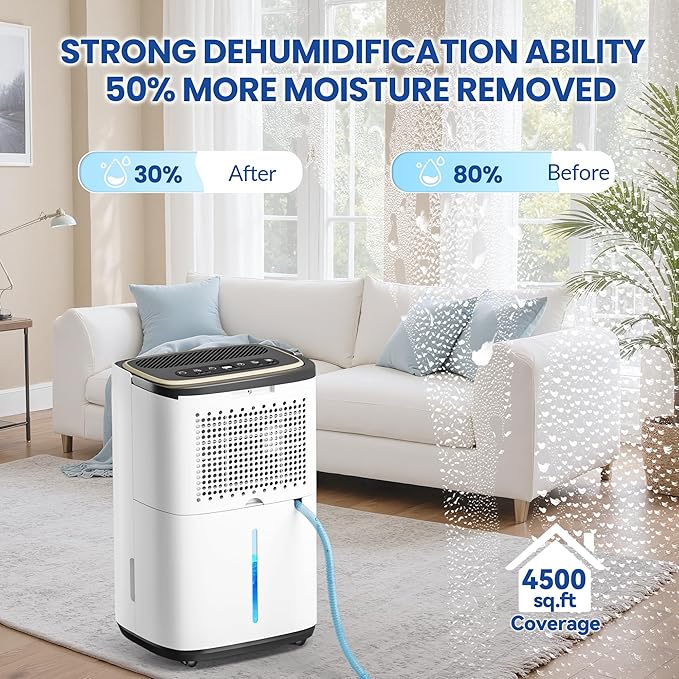 4500 Sq.Ft Dehumidifier for Basement with Drain Hose, 50 Pint Large Best Compressor Dehumidifiers for Home or Garage, Continuous Dehumidifying Features Humidity Display, 24H Timer and Child Lock