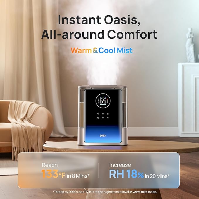 Dreo 8L Smart Humidifiers for Bedroom 600ftยฒ, 80H Runtime Warm&Cool Supersized Mist Humidifier for Large Room Indoor, Quiet Whole House humidifier for Baby, Plants, with Alexa/Google, Starlight,HM717S