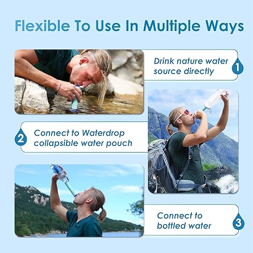 Waterdrop Gravity Water Filter Straw, Camping Water Filtration System, Water Purifier Survival for Travel, Backpacking and Emergency Preparedness, 1.5 gal Bag, 0.1 Micron, Light Blue