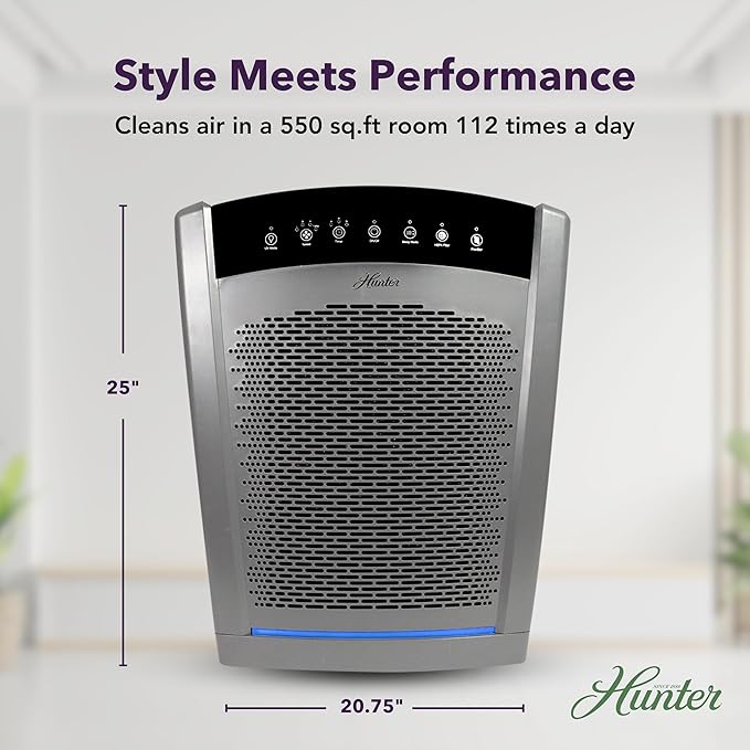 Hunter HP850 Air Purifiers for Home Large Room and Bedroom. True HEPA Air Purifier for Pets, Odors, Allergens, Smoke, Dust. 4 Fan Speeds, Quiet Sleep Mode, UV Mode. Filters 2585 Ft² per hour. Graphite