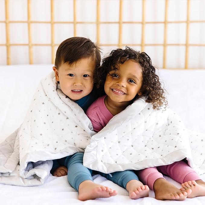 Dreamland Baby 4lb Weighted Blanket for Kids. Breathable Dual Fabrics with Minky Cooling Side & Cozy Microfleece on Reverse. Mom-Owned US Business, Premium Materials (White with Grey Stars)