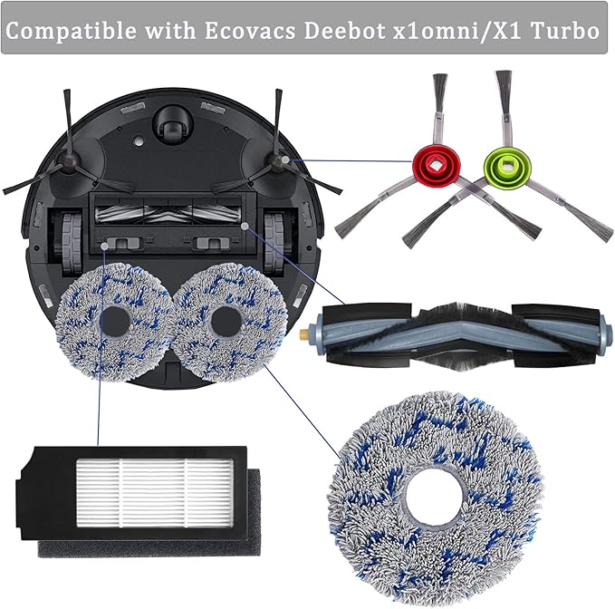 GYLBF Accessories Kit for Ecovacs Deebot X1 Omni, Replacement Parts for Ecovacs Deebot X1 Turbo Vacuum Cleaner, 1 Main Brush, 2 HEPA Filters, 4 Sidebrushes, 4 Mop Pads, 4 Dust Bags