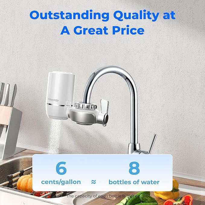 Waterdrop Water Filter for Sink Faucet, NSF 42 Certified Water Purifier, 1280 Gallon Tap Water Filter for Kitchen Sink, Lead-Free Material, Faucet Mount Water Filtration System 4 Filters