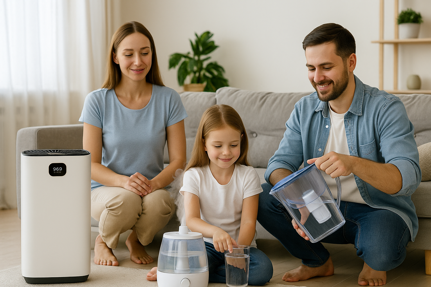 AquaNest About Us Our Difference image showing a family in a modern living room using wellness products like an air purifier and water filter under natural light