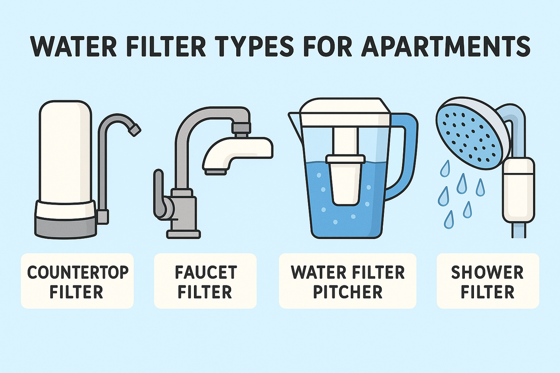 Infographic-style wide illustration showing four apartment-friendly water filters: a countertop filter, faucet filter, water filter pitcher, and shower filter on a light blue background.