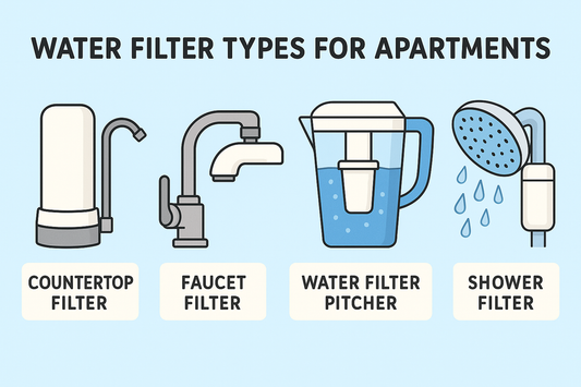 Infographic-style wide illustration showing four apartment-friendly water filters: a countertop filter, faucet filter, water filter pitcher, and shower filter on a light blue background.