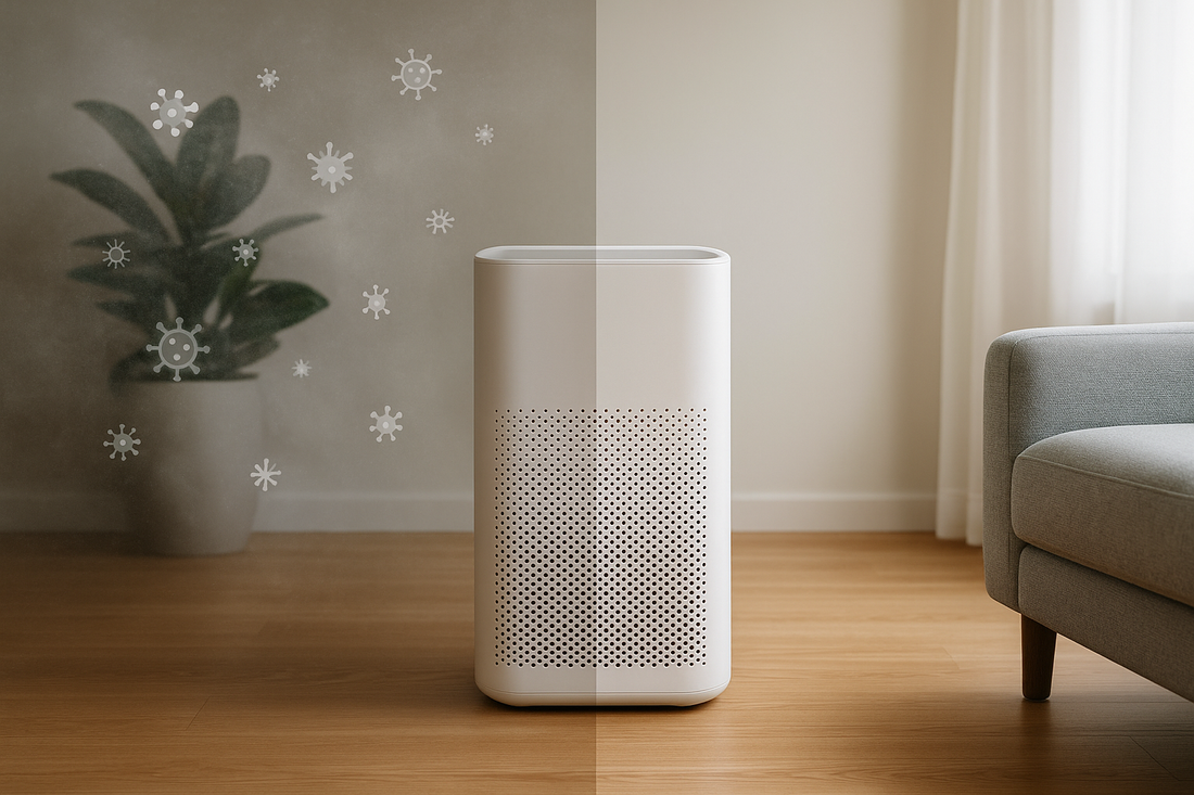 A before-and-after style image showing the difference in indoor air quality with a modern air purifier, symbolizing allergy relief for AquaNest blog.