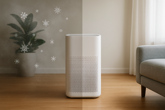 A before-and-after style image showing the difference in indoor air quality with a modern air purifier, symbolizing allergy relief for AquaNest blog.