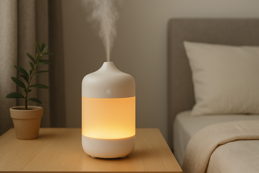 Compact ultrasonic essential oil diffuser on a nightstand with soft LED light – AquaNest