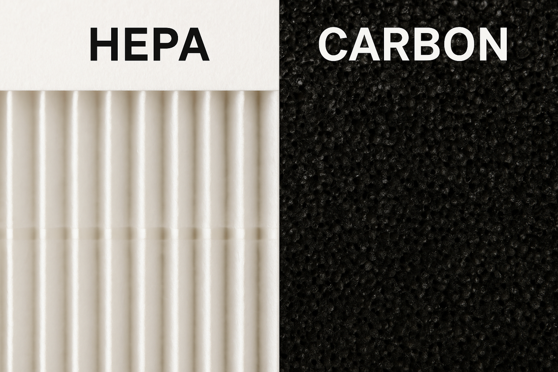 A side-by-side horizontal image comparing a white HEPA filter capturing particles and a black carbon filter adsorbing gases, representing the science behind air purification for AquaNest blog.