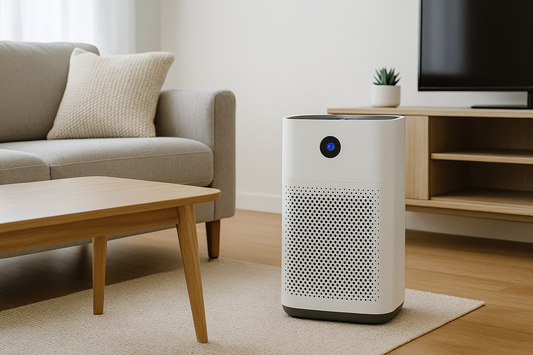 Modern living room with a white HEPA air purifier reducing dust and pollutants – AquaNest