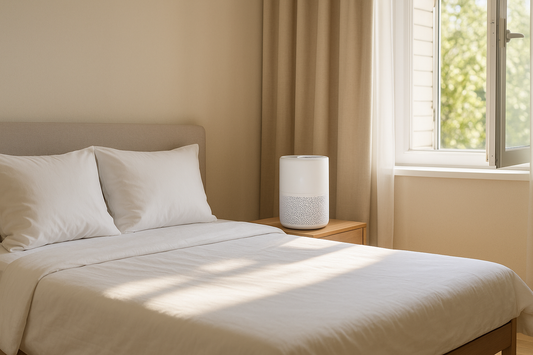 Bright, minimalist bedroom with an air purifier on a wooden nightstand and an open window letting in natural light and fresh air