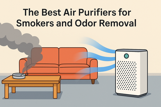 Cartoon-style wide thumbnail showing an air purifier clearing smoke from a living room, illustrating smoke and odor removal for smokers.