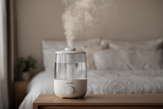 AquaNest cool mist humidifier placed in a clean modern bedroom, ideal for allergy relief and improved indoor air quality.