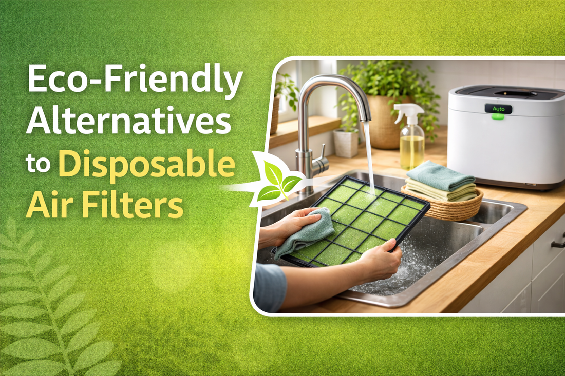A person washing a reusable air filter in a bright kitchen next to a modern air purifier, illustrating eco-friendly alternatives to disposable air filters