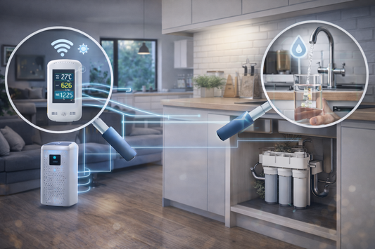 Smart air purifier and under-sink water filtration system operating together inside a modern eco-friendly home interior