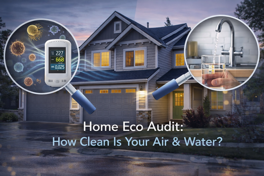 Visual home eco audit showing indoor air quality and water cleanliness indicators over a residential house at dusk