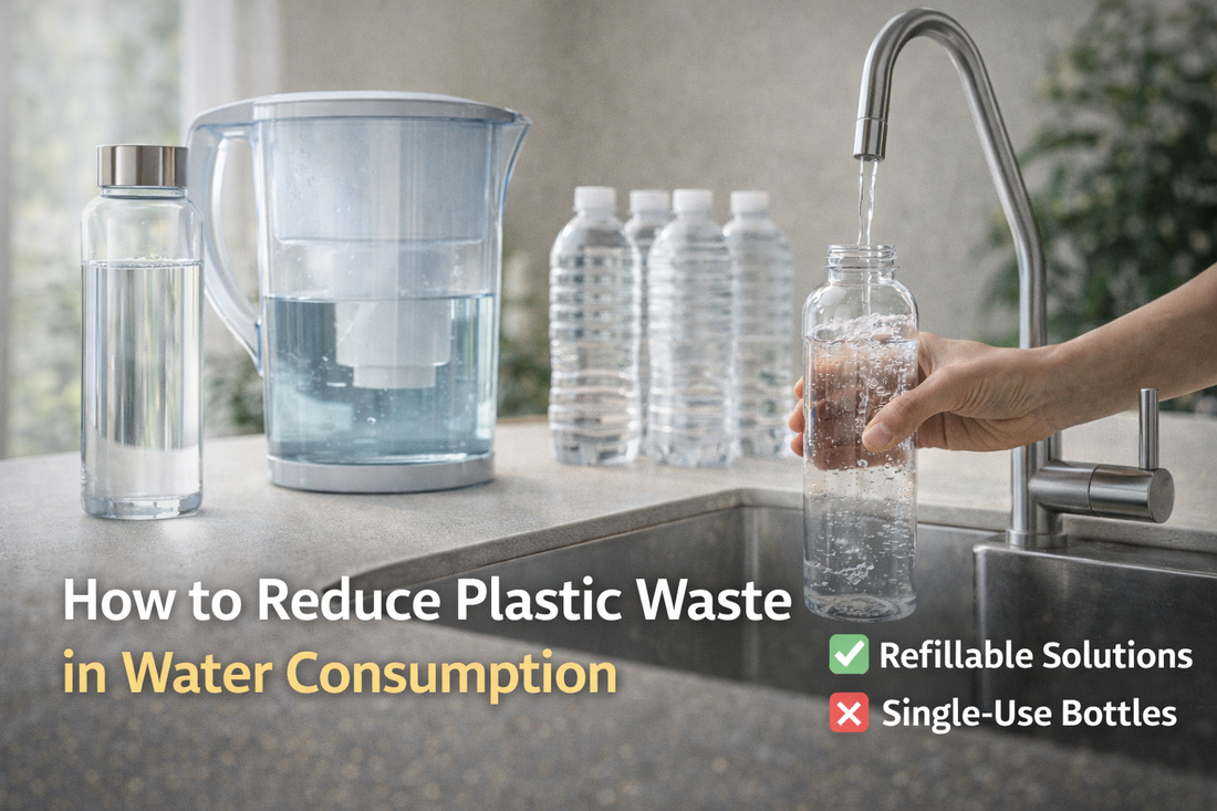 Thumbnail showing refillable water bottles and a home water filter as alternatives to single-use plastic bottles in daily water consumption