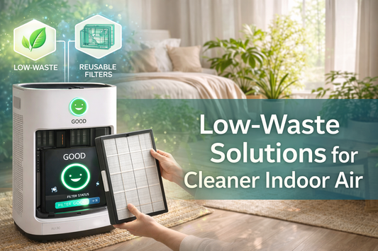 Eco-friendly air purifier with reusable HEPA filter in a sunlit living room, illustrating low-waste solutions for cleaner indoor air