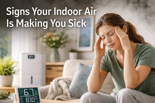 Landscape thumbnail showing a woman experiencing discomfort indoors with an air purifier and air quality monitor, highlighting signs of poor indoor air quality