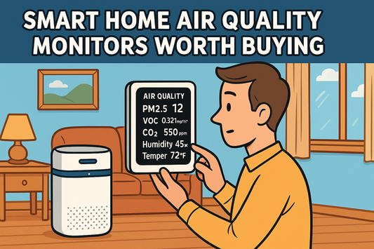 Wide cartoon illustration showing a man using a smart home air quality monitor displaying PM2.5, VOC, CO2, humidity, and temperature alongside a smart air purifier in a living room.