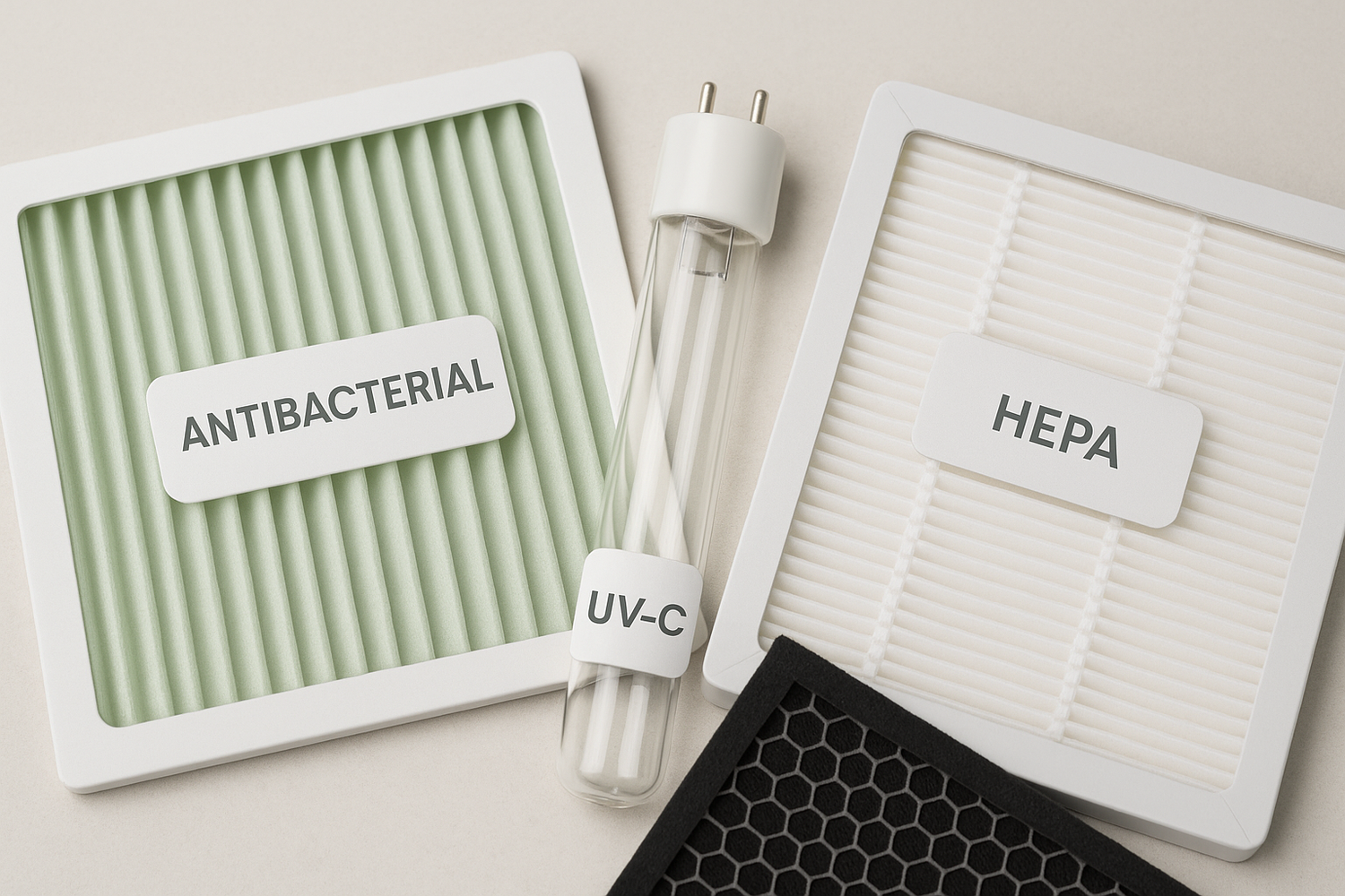 Antibacterial and UV-C replacement filters with HEPA and carbon filter elements for advanced air purification.