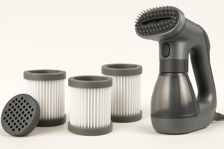 AquaNest pet grooming device filters with universal replacement cartridges displayed beside a modern pet grooming vacuum in horizontal layout