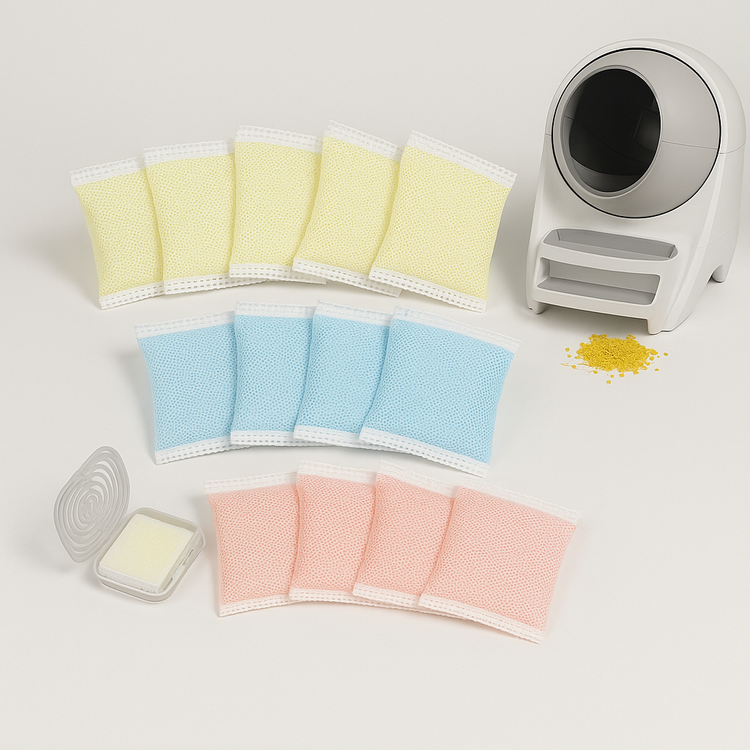 AquaNest pet odor eliminator refills for litter boxes and cages, carbon filter packs displayed with modern litter box