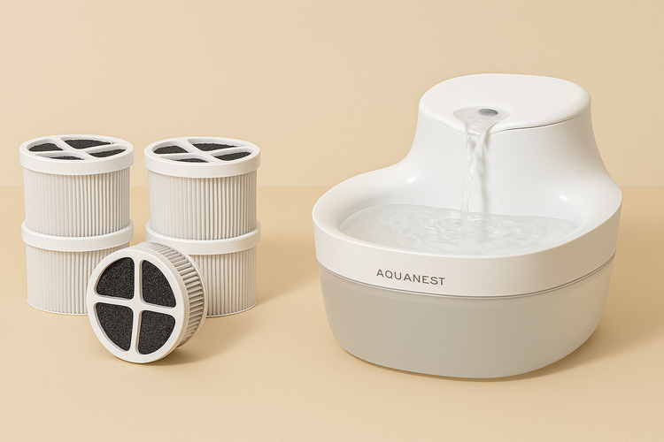AquaNest pet water fountain filters with activated carbon cartridges placed beside a modern pet water fountain in horizontal layout