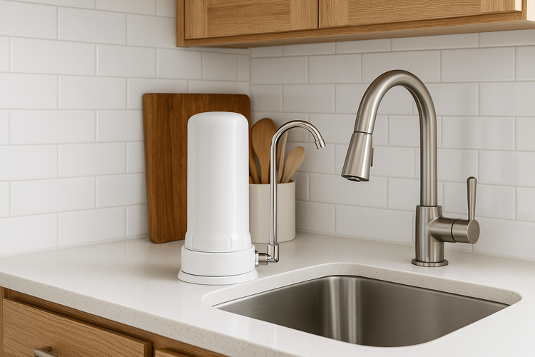 Countertop water filter in kitchen