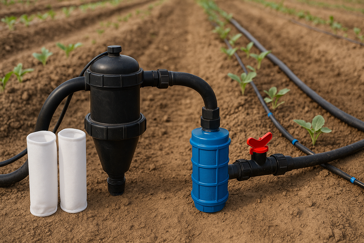 AquaNest irrigation water filters – farm filtration system with drip hoses and sand filter installed