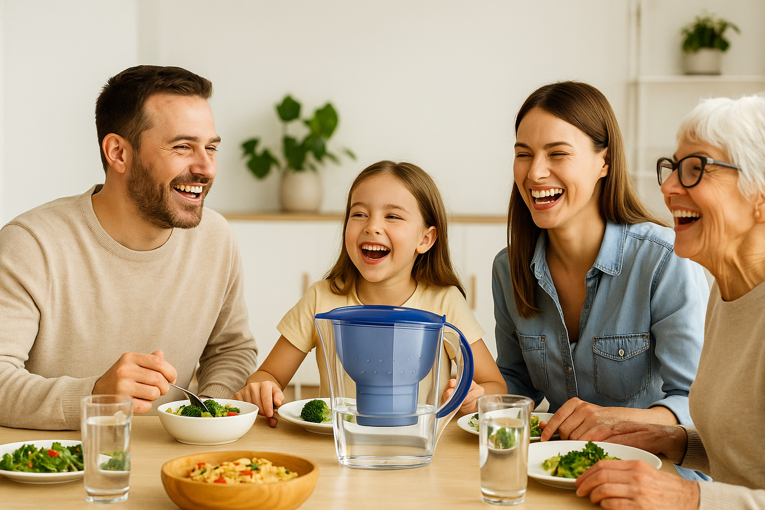 Large water pitcher on family table