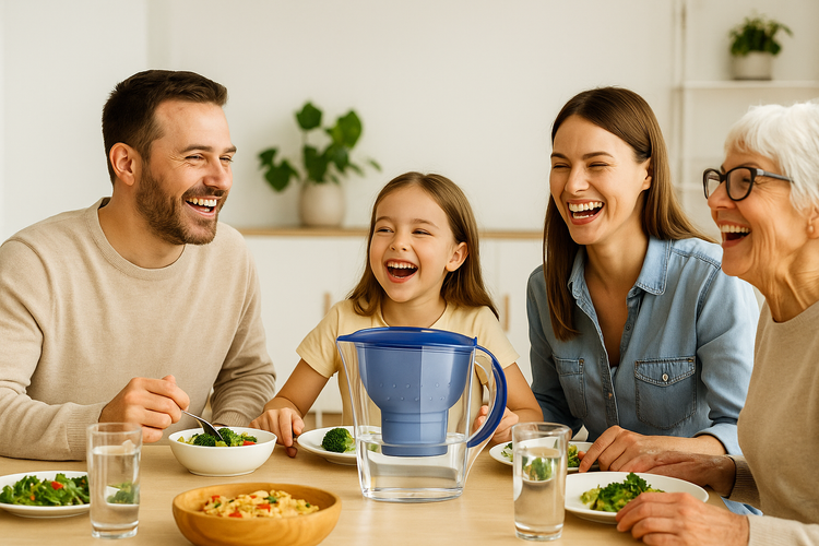 Large water pitcher on family table
