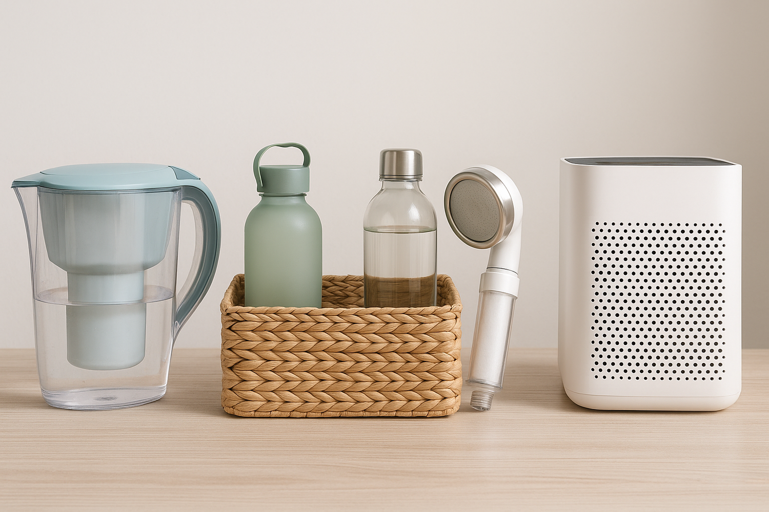 AquaNest new arrivals featuring eco-friendly home essentials including a water filter pitcher, reusable bottles, shower filter, and modern air purifier on a wooden table