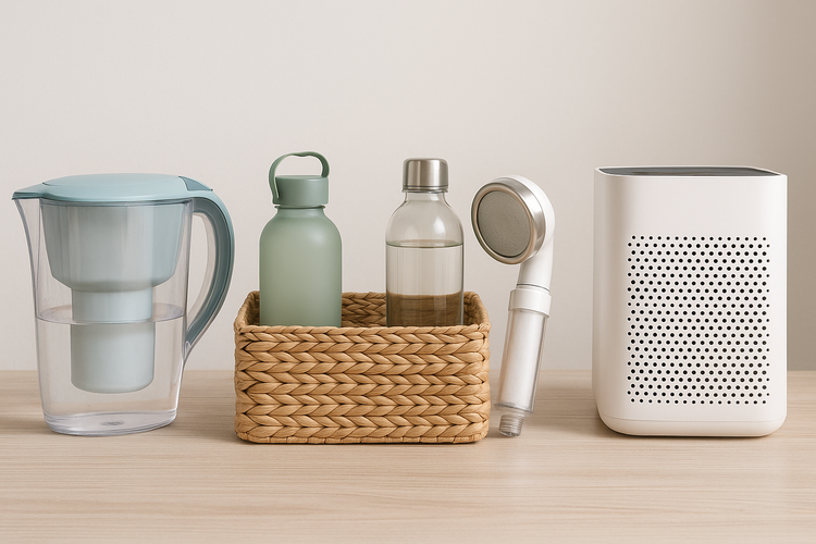 AquaNest new arrivals featuring eco-friendly home essentials including a water filter pitcher, reusable bottles, shower filter, and modern air purifier on a wooden table