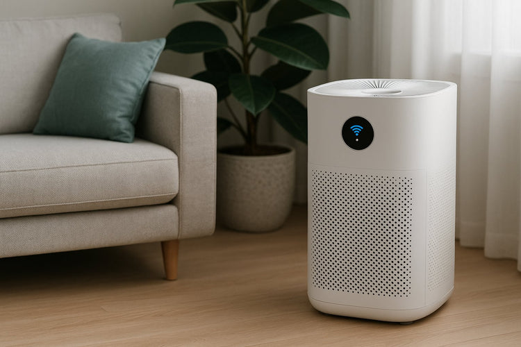 AquaNest smart WiFi air purifier in a modern living room with clean design and natural light