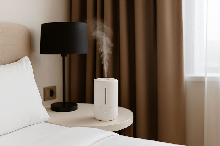 Compact humidifier in hotel/travel scene