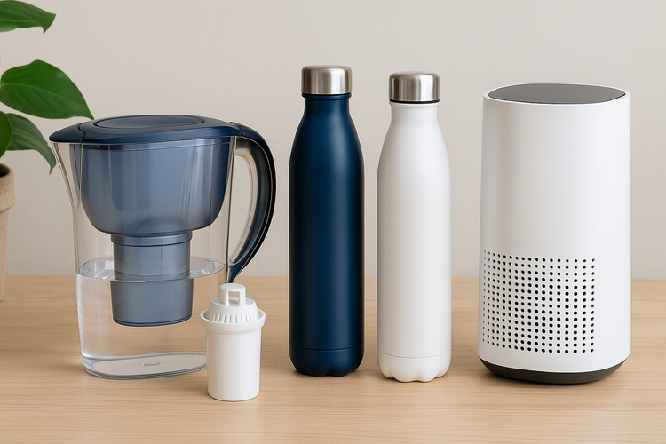 AquaNest best sellers featuring a water filter pitcher, reusable stainless steel bottles, replacement filter, and modern air purifier with a green plant in the background