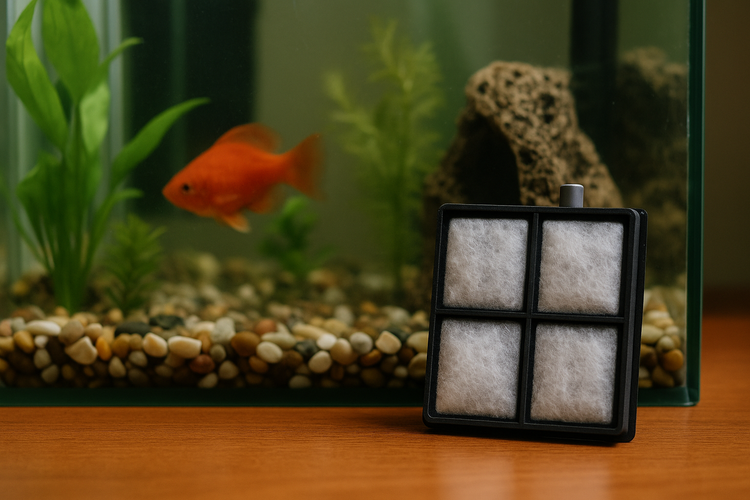 Aquarium replacement filter cartridge placed beside a fish tank with aquatic plants.
