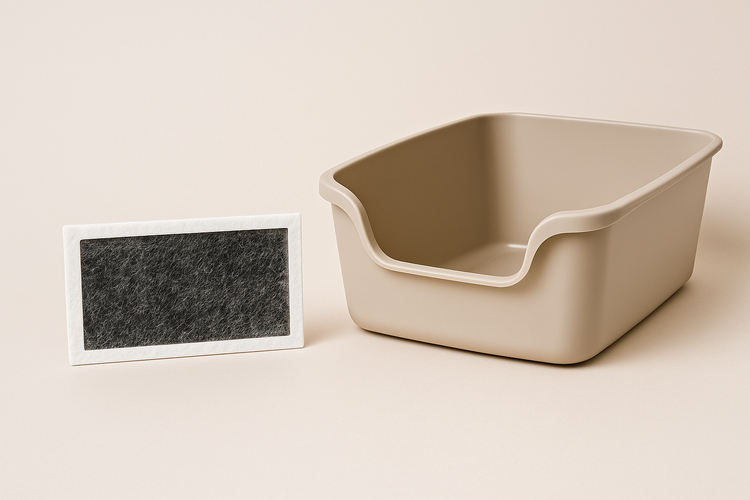 Carbon replacement filter placed next to a cat litter box for odor control.