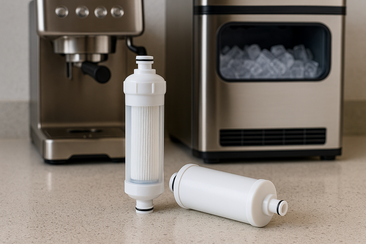 Coffee and restaurant water filters beside a coffee machine and ice maker in a clean café setting