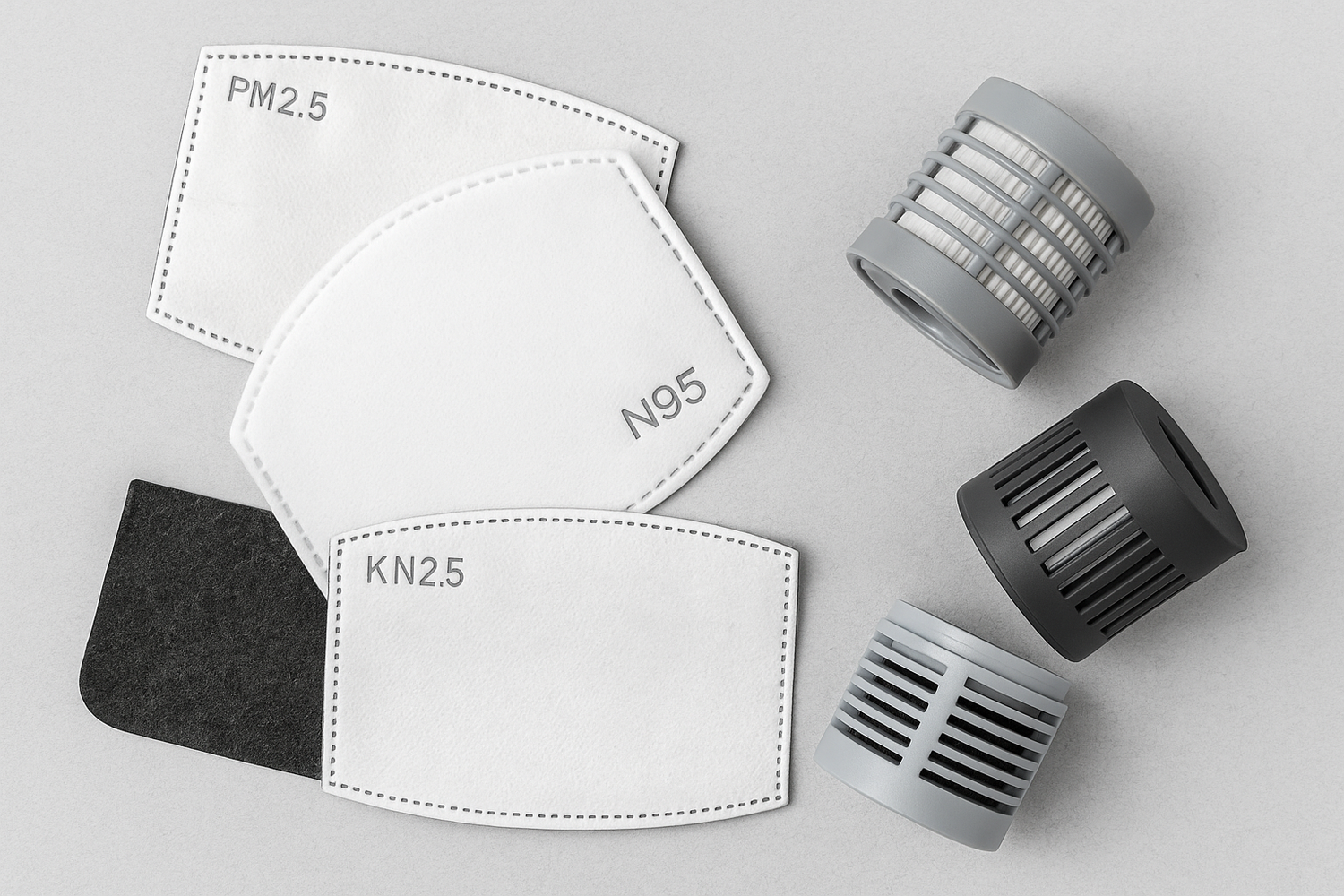 N95, KN95, PM2.5 mask filter pads and portable air purifier filters arranged on a clean surface.