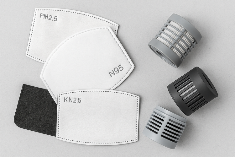 N95, KN95, PM2.5 mask filter pads and portable air purifier filters arranged on a clean surface.