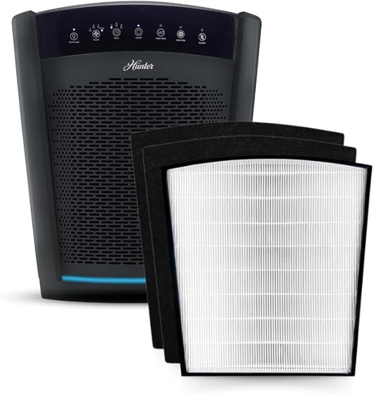 Hunter HP850 Air Purifiers for Home Large Room and Bedroom. True HEPA Air Purifier for Pets, Odors, Allergens, Smoke, Dust. UV Value Bundle w/Extra Filter, Cleans 2585 Ft² per hour. Black